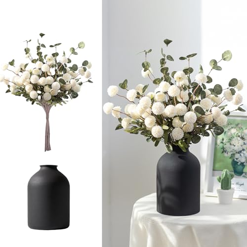 BLOSMON Fake Flowers in Vase for Centerpieces: Metal Vase with 12 Stems of Artificial Mums Kiku Flowers Eucalyptuses Dining Table Decor - White Faux Silk Pom Poms Floral Arrangements for Home Indoor - color: White