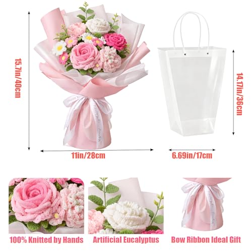 Handmade Crochet Flower Bouquet, Pink Rose & Carnation Knitted Flowers, Gift For Girlfriend, Birthday, Anniversary, Mother’s Day, Wedding Or Graduation (Includes Card) (Pink) - color: Pink
