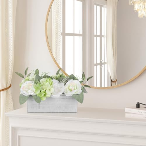 DILATATA Flower Arrangement with Wooden Vase 10" Artificial Flowers in Pot - Fake Flowers in White Rectangular Wooden Vase Potted Faux Flower Centerpieces for Table Decor Living Room - White - color: 10"l White