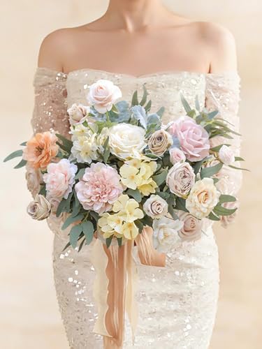 Artificial Flowers Combo Champagne Fake Roses Silk Flowers with Stems for DIY Wedding Bridal Bouquets Floral Arrangement Table Centerpieces Cake Birthday Baby Shower Anniversary Home Decor - color: Beige & Champagne