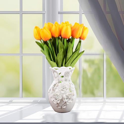 Artificial Tulips Bridal Wedding Festival Decor Bouquet Real Touch PU Flower Bouquet Pack of 20 (Yellow-Red) - color: Yellow-red
