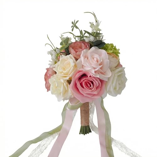 Wedding Bouquets for Bride, Light Pink and Green Bridal Bouquet | Realistic Silk Rose for Rustic Boho Church Ceremony, Proposal, Thanksgiving, Wedding Decor - color: Pink and Green