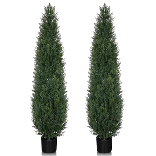 Artificial Cedar Topiary Trees, 5FT UV Resistant Topiary Trees Artificial Outdoors, Realistic Pre-Potted Faux Cypress Plants for Outdoor Porch, Home Entryway, and Garden Decor, Set of 2 - size: 5FT (59inch)