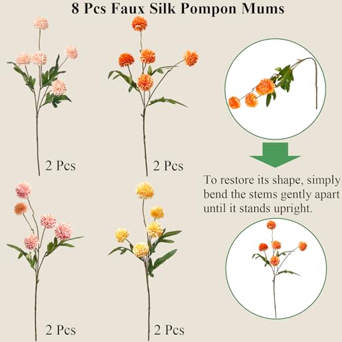 Kinisty 8 Pcs Artificial Flowers Pink Orange Yellow Faux Silk Pompon Mums, 20" Long Stem Fake Chrysanthemum Bouquet for Vase Farmhouse Home Decor, Wedding Centerpiece - color: Pink and Orange