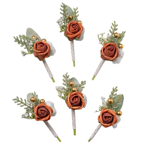 Burnt Orange Faux Foam Rose Boutonnieres for Men Wedding 6Pcs | Artificial Foam Rose Boutonnieres for Wedding Prom Groom Groomsman Ceremony Anniversary Party Suit Decoration Homecoming - color: 6pcs Orange Boutonnieres