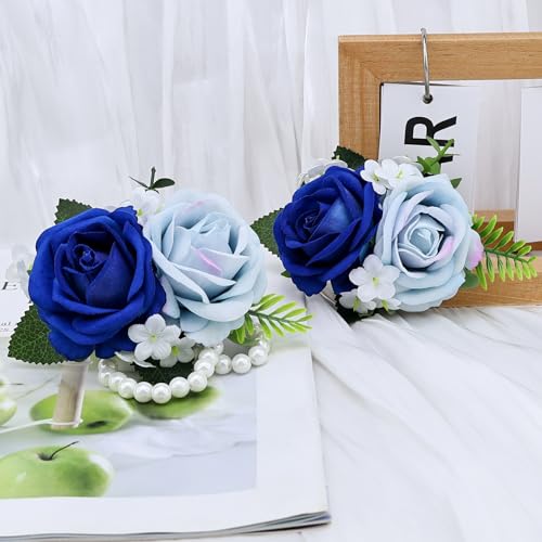 2Pcs Light Blue & Blue Rose Wrist Corsage Wristlet Band and Boutonniere Set, for Wedding Bride Bridesmaids Men Groom Groomsmen Artificial Flowers Accessories Prom Party Suit Decor - color: Light Blue & Blue