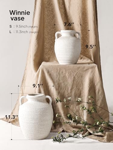White Ceramic Vase with Handles, 9.5" Large Farmhouse Flower Vase - Rustic Centerpiece for Living Room, Bookshelf, Mantel, Entryway, Table & Wedding Home Decor (Rock Sand White) - color: 9.5 Inch-rock Sand White