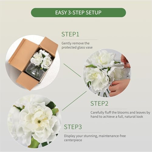Artificial Peonies with Glass Vase, Faux Peony Silk Flower Arrangement with Faux Water, for Bathroom, Table, Shelf, and Home Decor Centerpiece, Elegant Spring Decor (White) - color: White, size: Peony, PU