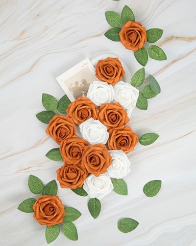DuHouse 25Pcs Artificial Roses Flowers Fake Rose with Stems Real Touch Foam Flowers for DIY Wedding Bouquet Party Centerpiece Floral Arrangement Party Home Decor(Burnt Orange) - color: Burnt Orange, size: 25pcs