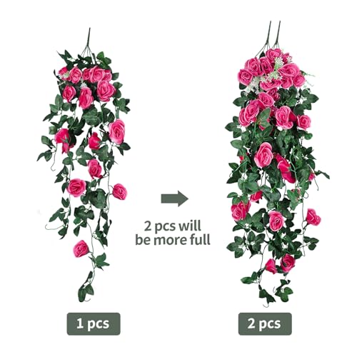RECUTMS 2pcs Artificial Hanging Plants 32 in Fake Plant Ivy Vine Outdoor UV Resistant Plastic (Rose red) - color: Rose Red, size: 2 pcs light