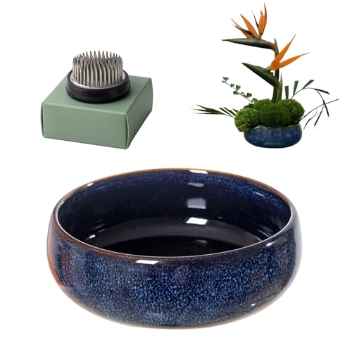 Water Lotus Bowl Planter Kit - Japanese Compote Bowl Ikebana Vase Set w/ 1.8" Floral Frog- Ideal for Ikebana, Flower Arrangement & Hydroponic Planting (Blue) - color: Blue