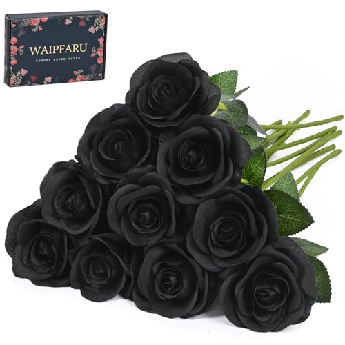 Waipfaru Halloween Flowers, Fake Black Roses Artificial Flowers, Artificial Roses with Long Stems, Faux Silk Roses for Wedding Bouquet Table Centerpieces Indoor Outdoor Decor (10 Pcs, Black) - color: Black, size: 10 Pcs