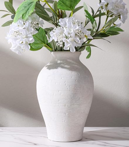 Ceramic Flower Vase Home Decor, 9 in Farmhouse Table Vase Rustic Vintage Living Room Kitchen Bedroom Pottery Decorative Vases for Flowers House Shelf Office Coffee Desk Dining Entryway Decor, White - color: 9 in - Antique White