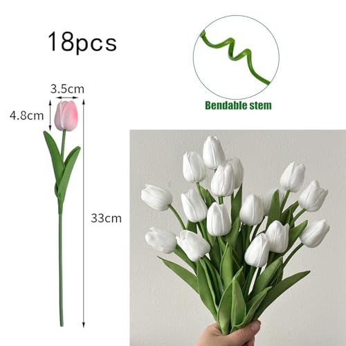 18pcs Artificial Tulips 13" PU Artificial Flowers for Family Friends Gifts DIY Flower Arrangement Home Kitchen Office Party Wedding Dining Table Decoration, White - color: White