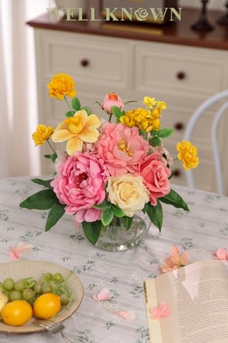 Artificial Flowers Centerpieces in Glass Vase with Fake Water, Silk Rose Peony & Daffodil Bouquet with Vase for Birthday Party Wedding Dinning Table Office Hotel Decor Gift (Yellow, Coral & Hot Pink) - color: Yellow, Coral & Hot Pink