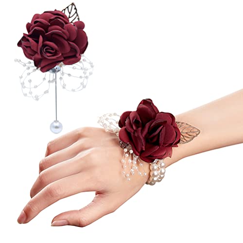 Rose Wrist Corsage Boutonniere Set,Wrist Flower Corsage Wristlet Band Bracelets and Men's Boutonniere for Wedding Flowers Accessories Prom Suit Decor - color: Set Red