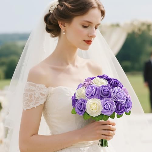 Lifewit Artificial Flowers, 25 Pcs Ivory & Purple Mix Foam Real Looking Roses with Stems, Fake Roses for DIY Wedding Bouquets, Centerpieces Arrangements, Valentine Decorations - color: Ivory & Purple Mix