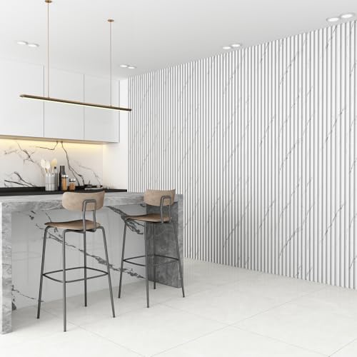 8-Pack WPC Wall Panels 108’’ x 6.1’’ 3D Slat Wall Panel Acoustic Wall Paneling for Interior Wall Decor TV Background Kitchen Bedroom Marble White