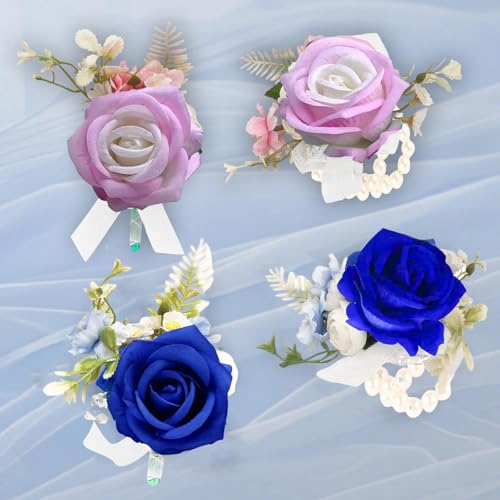 Royal Blue Corsage and Boutonniere Set, Artificial Rose Corsage Wristlet and Boutonniere for Wedding Prom Party (Royal Blue 1 Boutonniere&1 Wrist Corsage) - color: Royal Blue 1 Boutonniere&1 Wrist Corsage