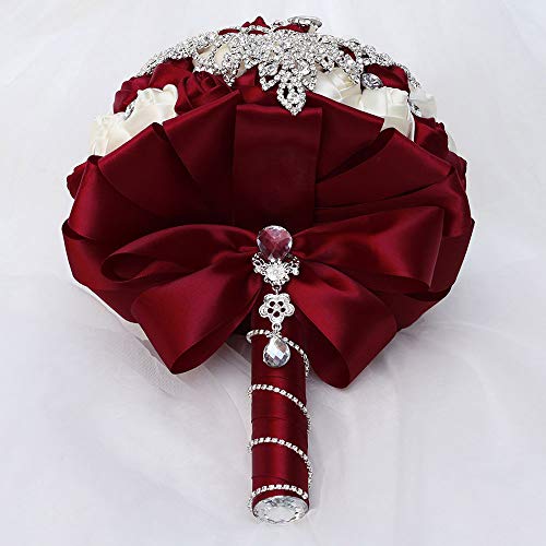 Handmade Luxury Wedding Bridal Bouquet Large Silk Rose Holding Toss Artificial Flowers Bouquets with Satin Ribbon Pearls Rhinestone for Bride Vintage Royal Wedding Bouquet (Red+Ivory) - color: Red+ivory