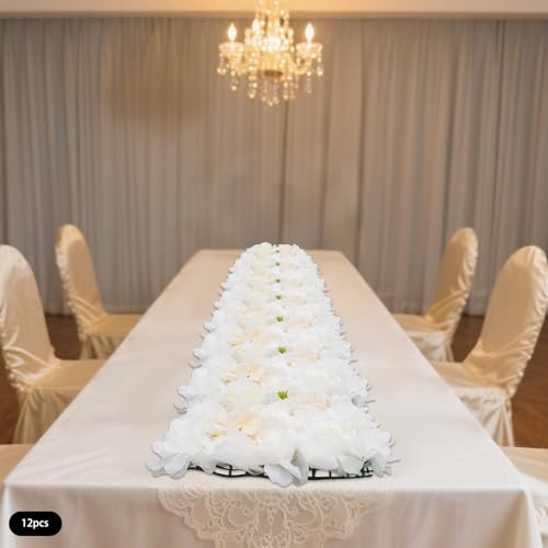 Artificial Flower Wall Panels, Set of 12 White Dahlia Rose Hydrangea Backdrop, Silk Fabric with 100 Cable Ties, Reusable Party Wedding Home Wall Decor (15x16 Inch) - color: White