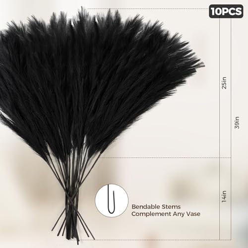 10 Pcs 39''/3.2FT Black Pampas Grass Large Tall Fluffy Artificial Fake Flower for Bedroom Boho Decor Floor Vase Filler Farmhouse Home Wedding Decor - color: Black