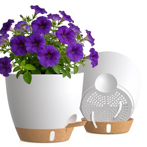 Self Watering Pots with Drainage Holes, 2 Pack 10 Inch Plant Pots with Water Level Indicator Deep Reservoir, Large Plastic Planter for Indoor Outdoor Plants - White Brown - color: White Brown, size: 10 Inch 2 Pack