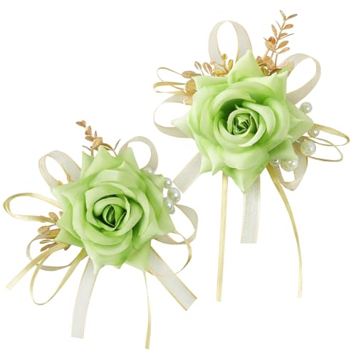 Alizeal 2Pcs of Wrist Corsage and Boutonniere Set, Artificial Flowers Accessories Suit Decor for Wedding Prom Party Homecoming Ceremony, Light Green - color: 701-light Green