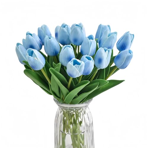 Artificial Flowers Tulips Fake Flowers Real Touch Latex Tulips Faux Flowers Bouquet for Wedding Party Arrangements Home Decor and Baby Shower Centerpieces (10, White-Blue) - color: White-blue