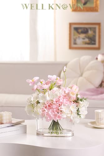 WELL KNOWN Artificial Flowers in Vase, Fake Hydrangea Tulip Flowers Bouquet with Big Glass Vase for Home Office Wedding Party Decor for Dining Table Centerpiece Housewarming Mom's Gift (Pink White) - color: Pink & White Max