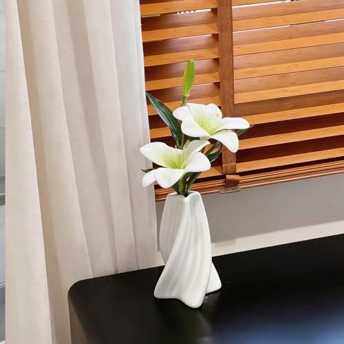 Twisted Dopamine Plastic Vase with Fake Artificial Lily Flowers，Modern Vibrant Decorative Vase for Home Living Room Coffee Dining Table Bookshelf Shelf Console Bedroom(White) - color: White