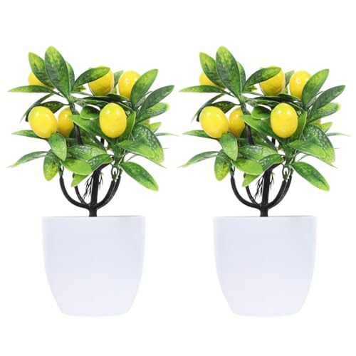 PRETYZOOM Artificial Lemon Tree Decor 9.5 Inch Simulated Lemon Branches in Small White Pot Faux Plant for Home Kitchen Table Centerpiece and Party Decoration
