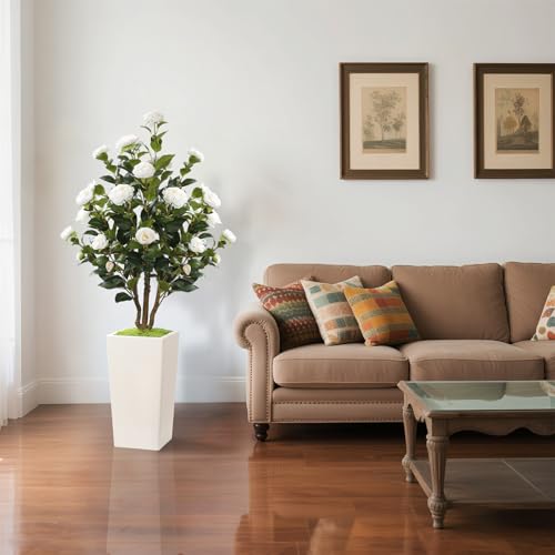Romantic season 4FT Artificial Camellia Tree with White Tall Planter, Faux Camellia Plant Flower Tree for Modern Home Office Living Room Floor Décor Outdoor Indoor,White - color: White