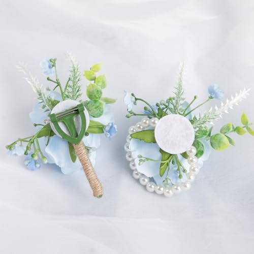 Alizeal 2Pcs of Wrist Corsage and Boutonniere Set, Artificial Flowers Accessories Suit Decor for Wedding Prom Party Homecoming Ceremony, Blue - color: 701-blue