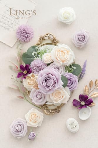 Ling's Moment Fake Flowers Box, Faux Artificial Greenery Stems Foam Roses Silk Eucalyptus Fabic Flower for Centerpieces Bouquet Wedding Vase Floral Arrangements Decorations, Lilac & Cream, Grand Combo - color: Prpl-lilac & Cream, size: Grand