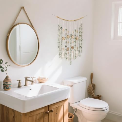 Dahey Hanging Artificial Plant Eucalyptus Wall Decor 31'' Wooden Bead Garland with Fake Greenery Leaves Boho Rustic Farmhouse Wall Art for Bathroom Office Living Dining Room Bedroom Kitchen Decoration - size: 31 inches