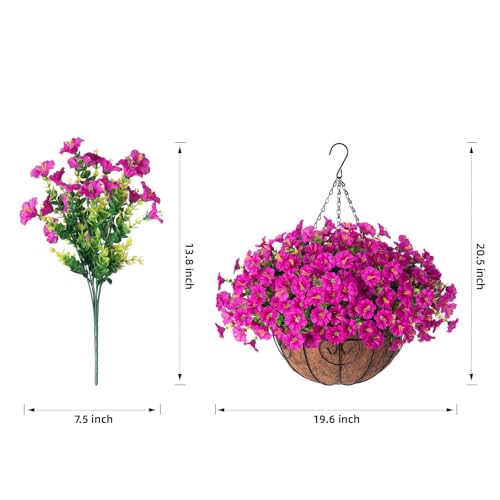 Artificial Fake Hanging Flowers Plants Baskets for Outdoor Spring Summer Decoration, Faux Silk Morning Glory in Planter UV Resistant Realistic for Home Outside Porch Patio Balcony Garden Yard, Fuchsia - color: B Fuchsia