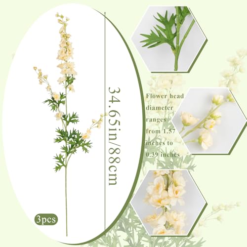 CITYES 3 Pcs Delphinium Artificial Flowers Bulk 35" Long Stem Silk Larkspur Flowers Artificial Snapdragon Flower Stems Champagne Faux Bouquets for Tall Vase Floral Arrangements Home Wedding Decor - color: Champagne