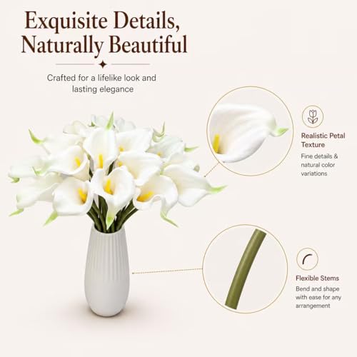Mandy's 20pcs White Calla Lily Artificial Flowers | 13.5 Inch PU Realistic Bouquet for Vase Elegant Home Decor Centerpiece Wedding Bridal Bouquet Table Decoration - color: White