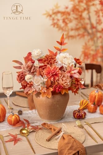TINGE TIME Roses Artificial Flowers Orange Faux Flowers Bulk for DIY Bridal Wedding Bouquets Baby Shower Fall Centerpiece Table Home Decorations - color: Terracotta Orange