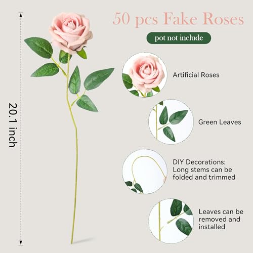 50 PCS Blush Roses Artificial Flowers, Real Looking Fake Roses with Long Stems Silk Flowers for DIY Wedding Bouquet Party Celebration Home Bridal Shower Decoration Valentine's Day Gift for Her Wife - color: Blush
