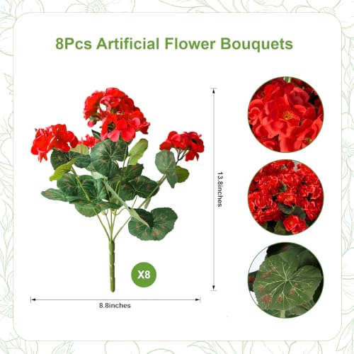 8 Bundles Artificial Geranium Fake Flowers for Outdoor UV Resistant, Outside Spring Red Flower Decoration for Home Kitchen Table Cemetery Garden Planter, Front Door Silk Faux Plants - color: Red, size: 8ps