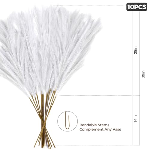 10 Pcs 39''/3.2FT Faux Pampas Grass Decor, Large Tall Fluffy Artificial Fake Flower, Bedroom Decor Boho Decor Pompas Floral for Vase Filler Farmhouse Home Wedding Decor (White) - color: White
