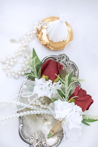 Burgundy Corsage and Boutonniere Set for Wedding Prom, Artificial Rose Flower Homecoming Corsage Wristlet, Boutonniere for Men Wedding Suit Decor - color: Burgundy