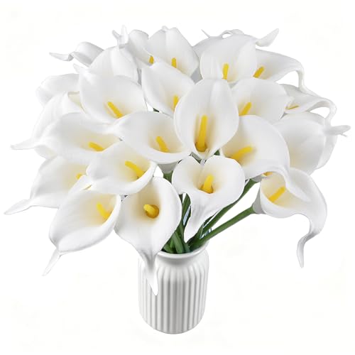 Calla Lily Bridal Wedding Festival Decor Bouquet Real Touch Latex Flower Bouquet Pack of 20 (Yellow-White) - color: White