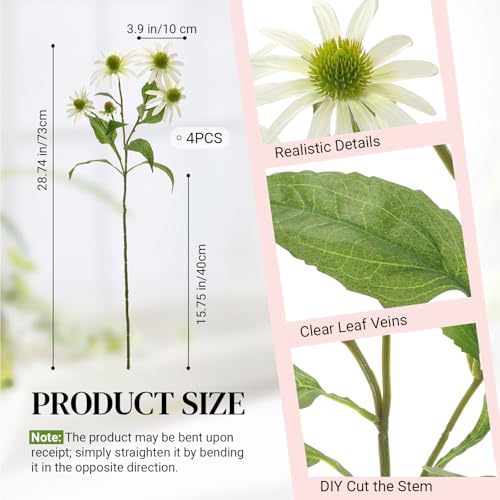 Knitgrip White 4 Pcs Artificial Coneflowers Stems 29 Inch Faux Echinacea Flowers Branch Realistic Farmhouse Fake Sunflower Floral Bouquet for Home Centerpiece Arrangement Indoor Outdoor Decor - color: White