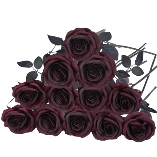 Felice Arts 12 Pack Burgundy Roses Artificial Flowers with Black Stems Fake Flowers Bouquet for Valentines Wedding Table Vase Home Indoor Kitchen Party DIY Vampire Decor - color: Burgundy
