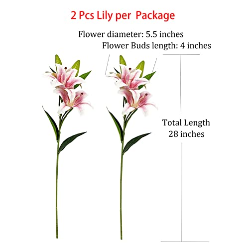 YalzoneMet 2 Pcs Pink Stargazer Lily Artificial Flowers for Decoration, 28 inch Long Stems Real Touch Latex Fake Flowers, Faux Silk Easter Lily for Spring Indoor Home Office Wedding Table Centerpiece - color: Pink