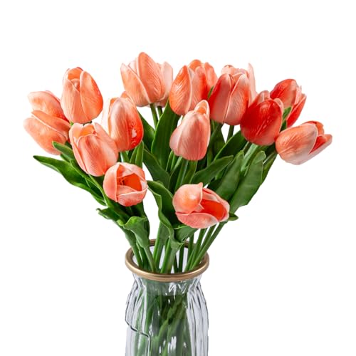 20PCS Artificial Tulip Flowers - 13.5" Real Touch Fake PU Tulips Bouquet Faux Spring Flowers (Champagne) - color: Champagne