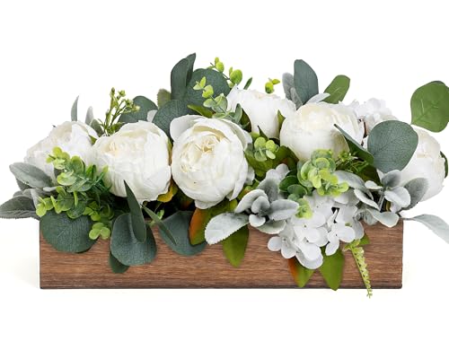 Pre-Made Flower Centerpieces for Table, Artificial Floral Centerpieces for Dining Table Wood Fake Peony Hydrangea Centerpiece for Wedding Living Room Party Bar Kitchen Table(White) - color: White
